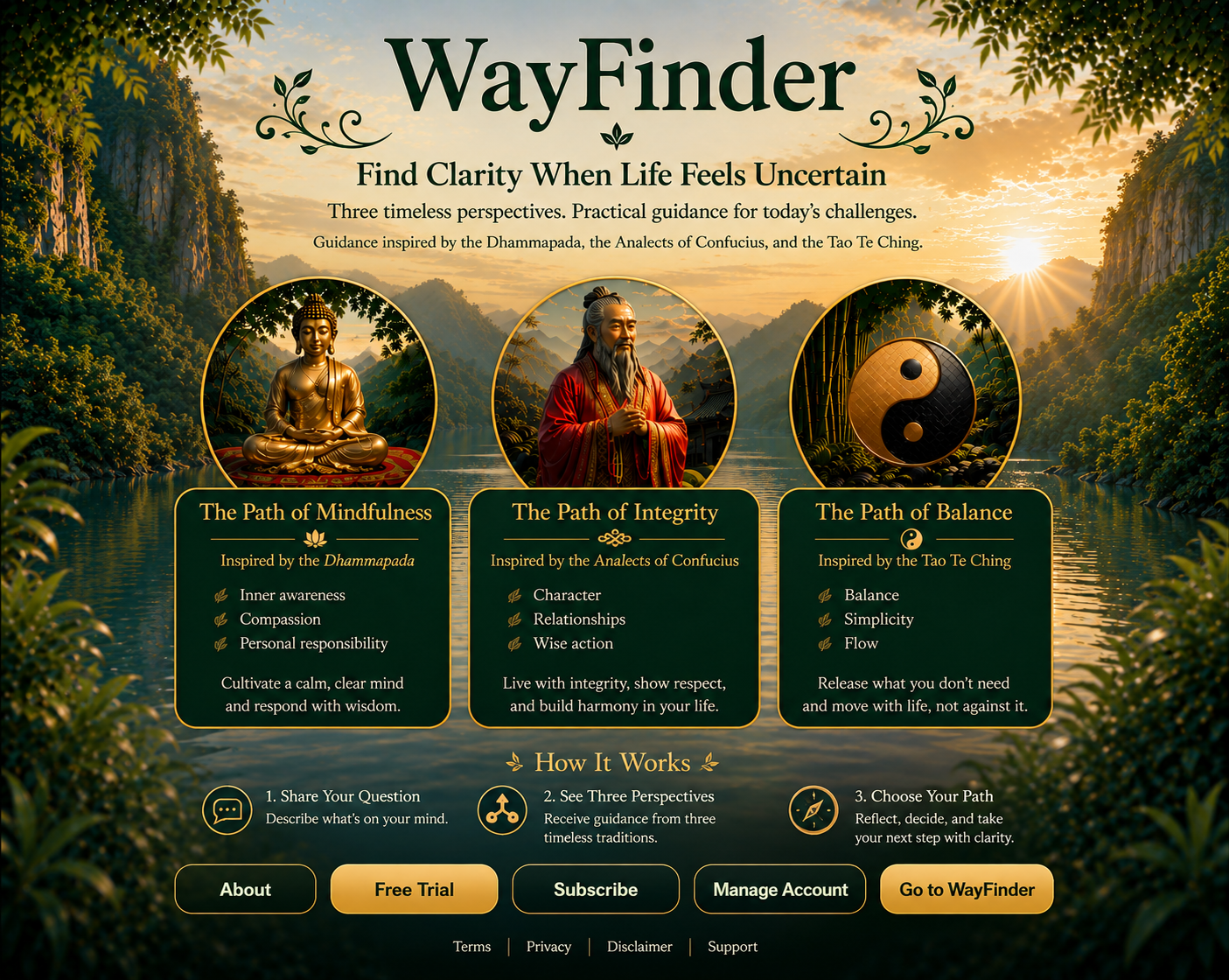 WayFinder offers three timeless perspectives inspired by the Dhammapada, the Analects of Confucius, and the Tao Te Ching.